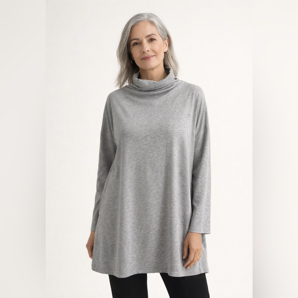 Eileen Fisher Fall 2022 Funnel Neck Tunic Top Heather Gray Tencel Blend Size L